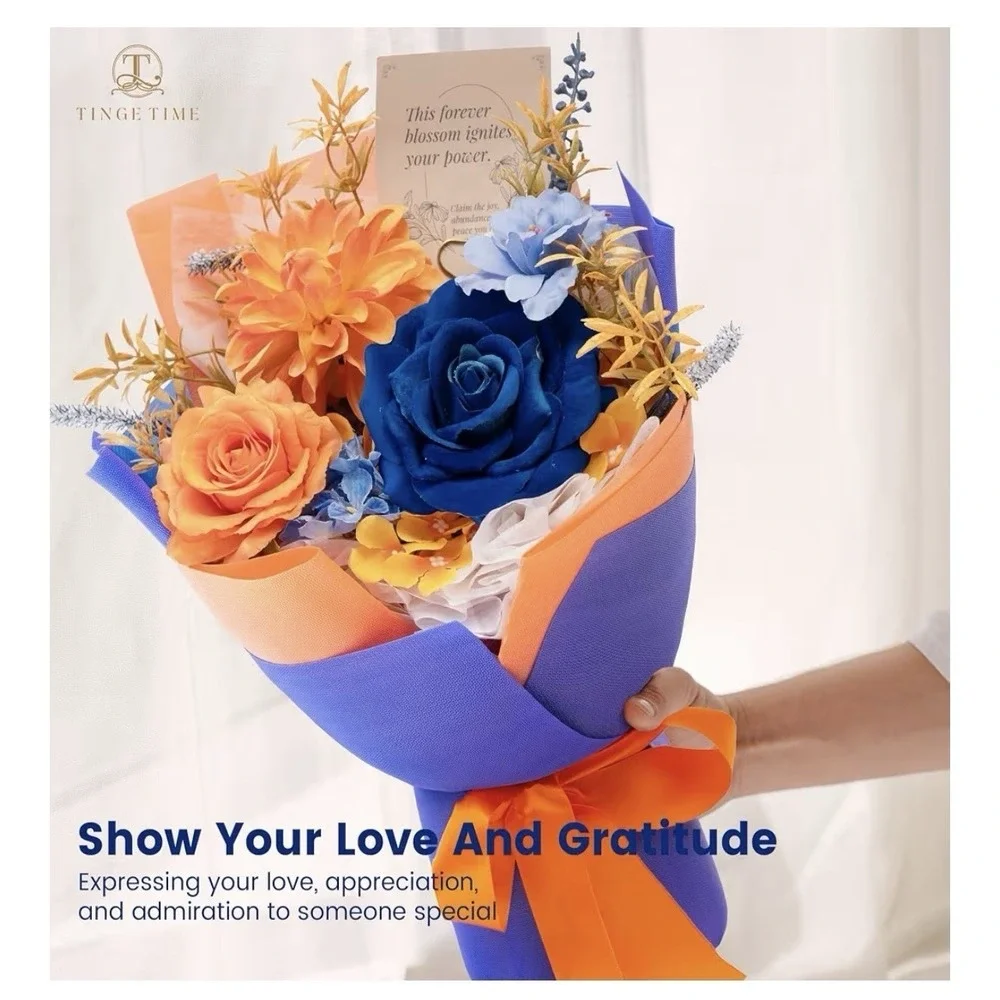 Tinge Time Preserved Flowers Bouquet Orange & Navy Blue Roses ,16 X 12